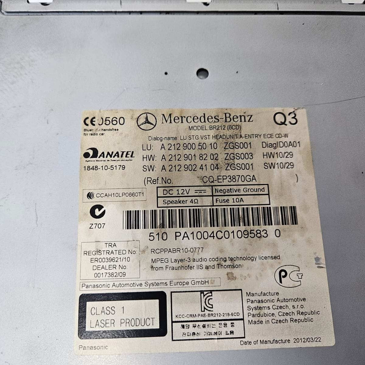 Mercedes-Benz Audio Cd Player Head Unit A2129005010