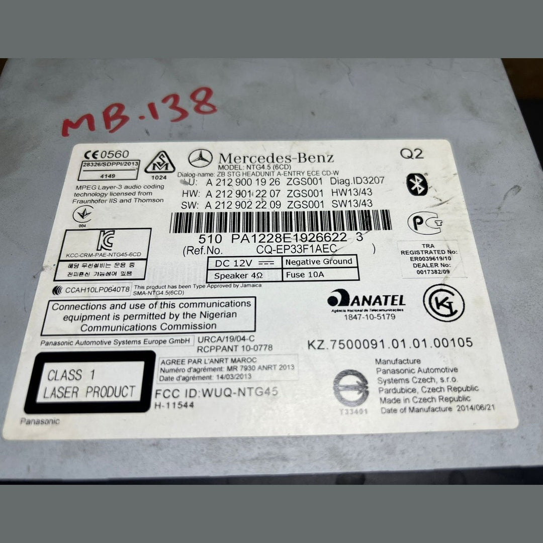 2012–2014 Mercedes-Benz W212 E-Class Head Unit CD Player A212 9001926 OEM