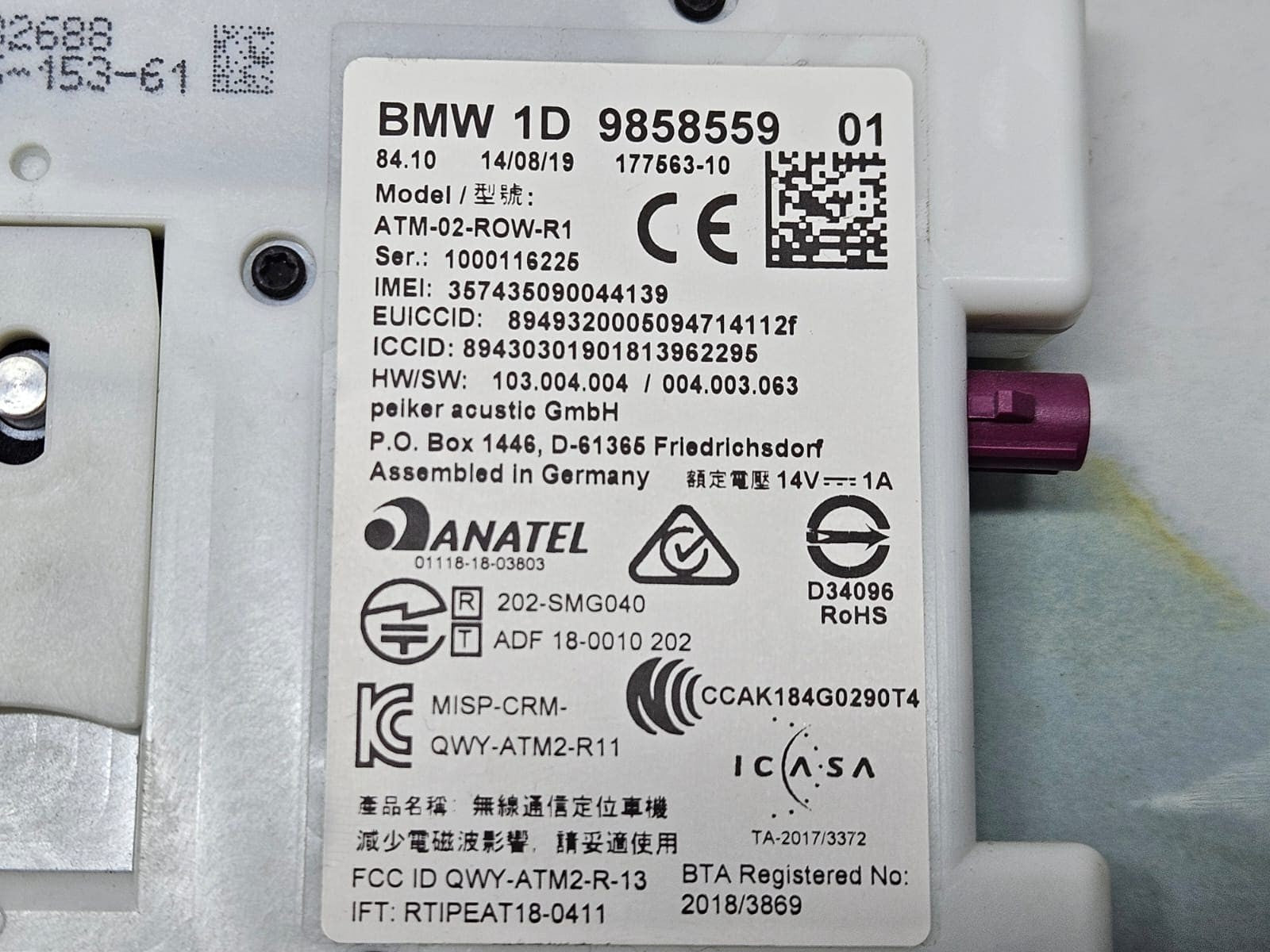 2019 BMW X5 G05 EUR RHD Telematics Control Module 9858559 OEM
