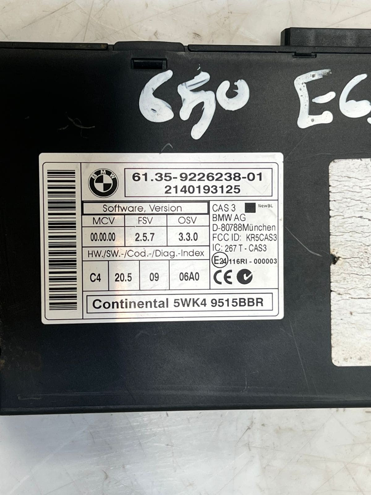 2007 BMW E63 N62 650I 128i Cas3 C4 Control Access System Module 9226238 OEM