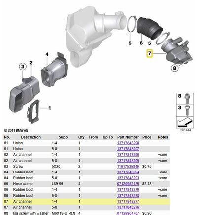 BMW Air Channel 1371 7843277 5 Series F10 and 6 Series F06, F12, F13
