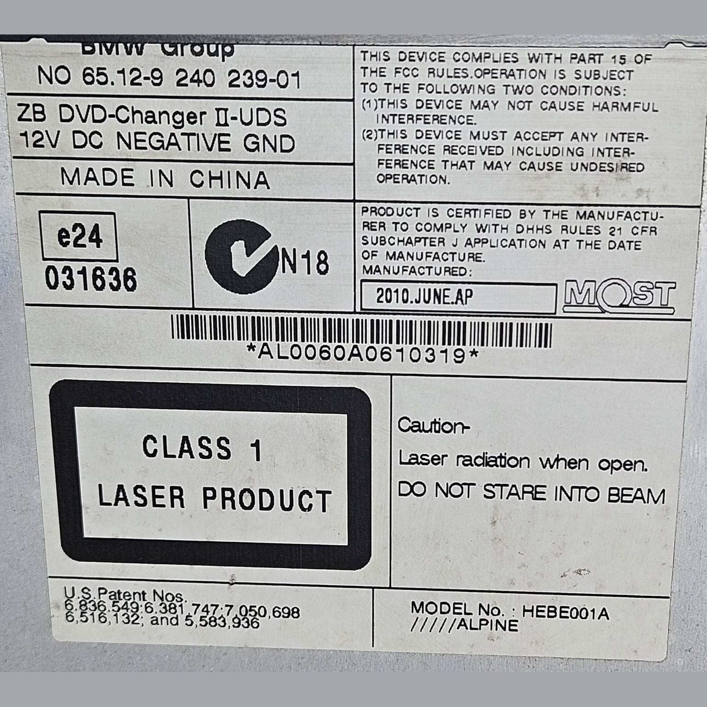 BMW  F01, F20, F21, F30, F06, F10, F25 DVD Changer Audio Head Unit 9240239 OEM