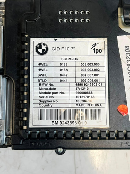 BMW 5 Series F10 F11 535i CID Central Information Display Screen 9243896 OEM