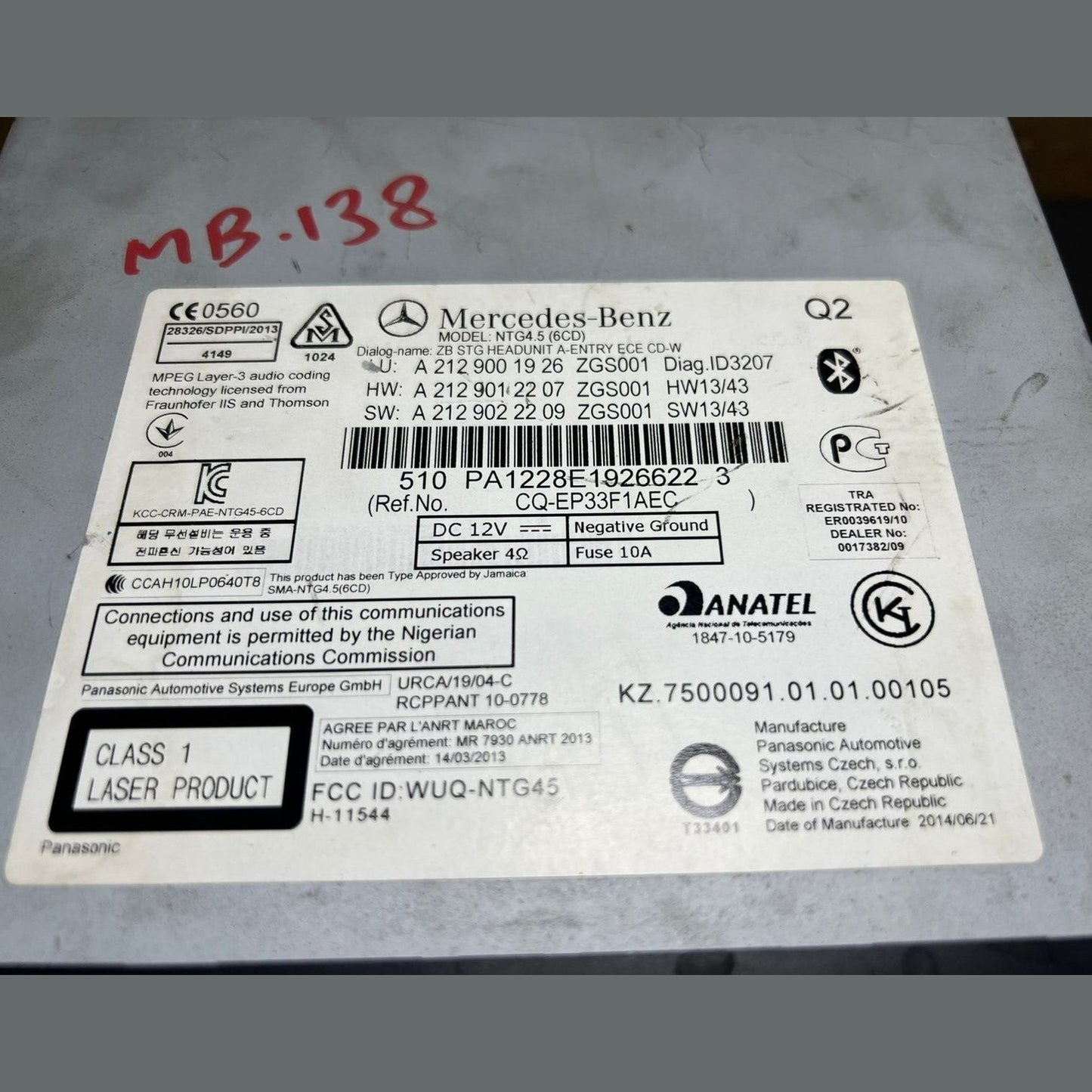 2012–2014 Mercedes-Benz W212 E-Class Head Unit CD Player A212 9001926 OEM