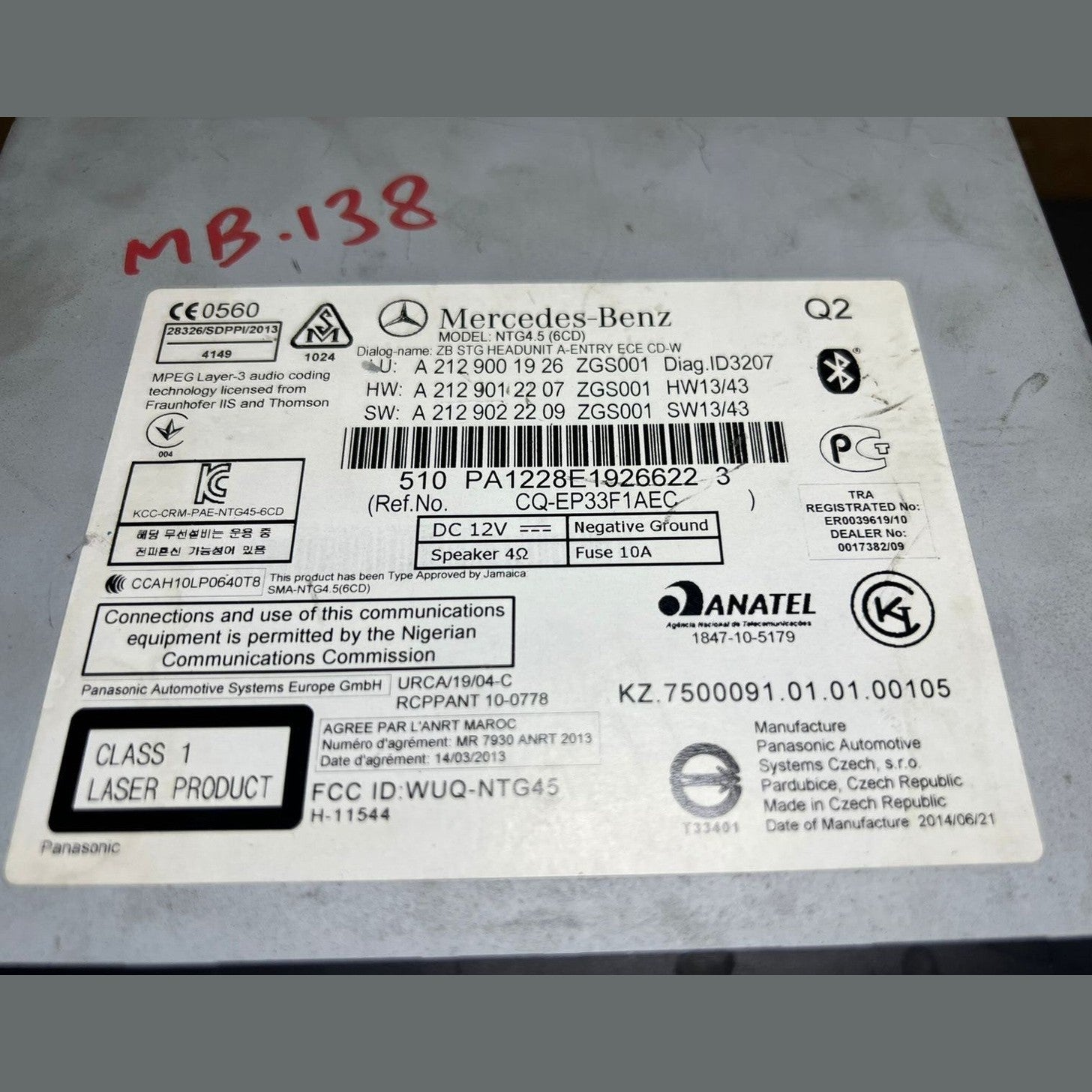 2012–2014 Mercedes-Benz W212 E-Class Head Unit CD Player A212 9001926 OEM
