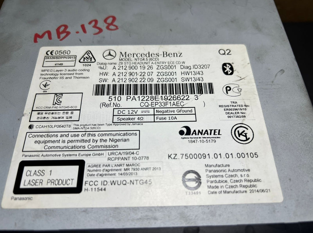 2012–2014 Mercedes-Benz W212 E-Class Head Unit CD Player A212 9001926 OEM