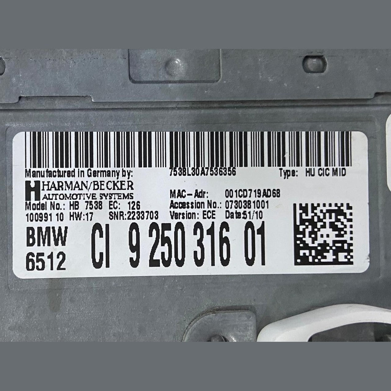 OEM BMW F10 F11 CD RADIO PLAYER HEAD UNIT CONTROL 9250316