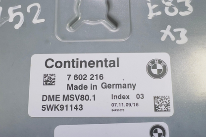 BMW 1,3, SERIES E82, E90, X3 E83 N52 ENGINE CONTROL UNIT ECM DME MSV80.1 7602216
