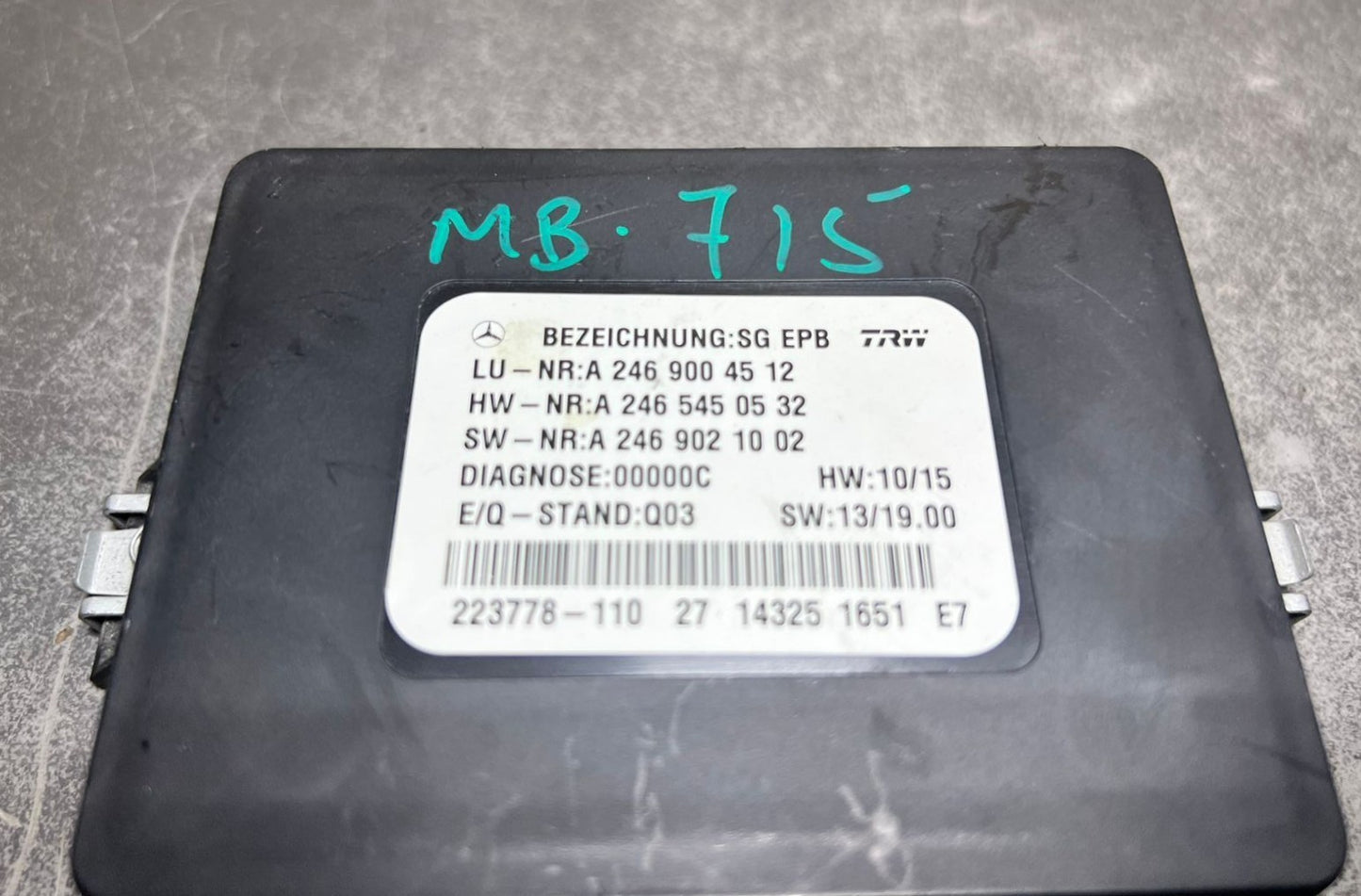 14-19 Mercedes-Benz CLA250 Parking Brake Control Module Unit A246 9004512 Oem