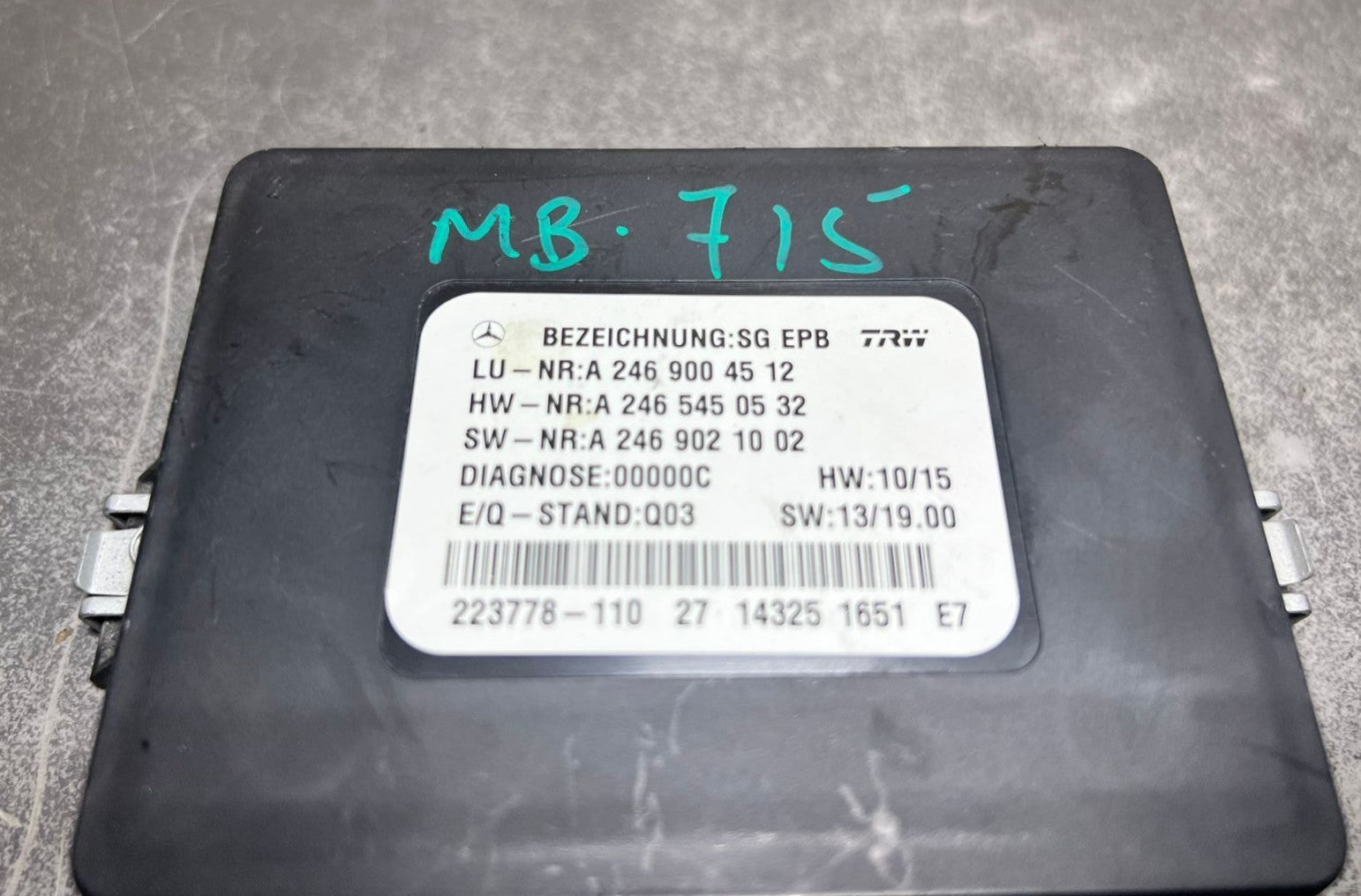 14-19 Mercedes-Benz CLA250 Parking Brake Control Module Unit A246 9004512 Oem