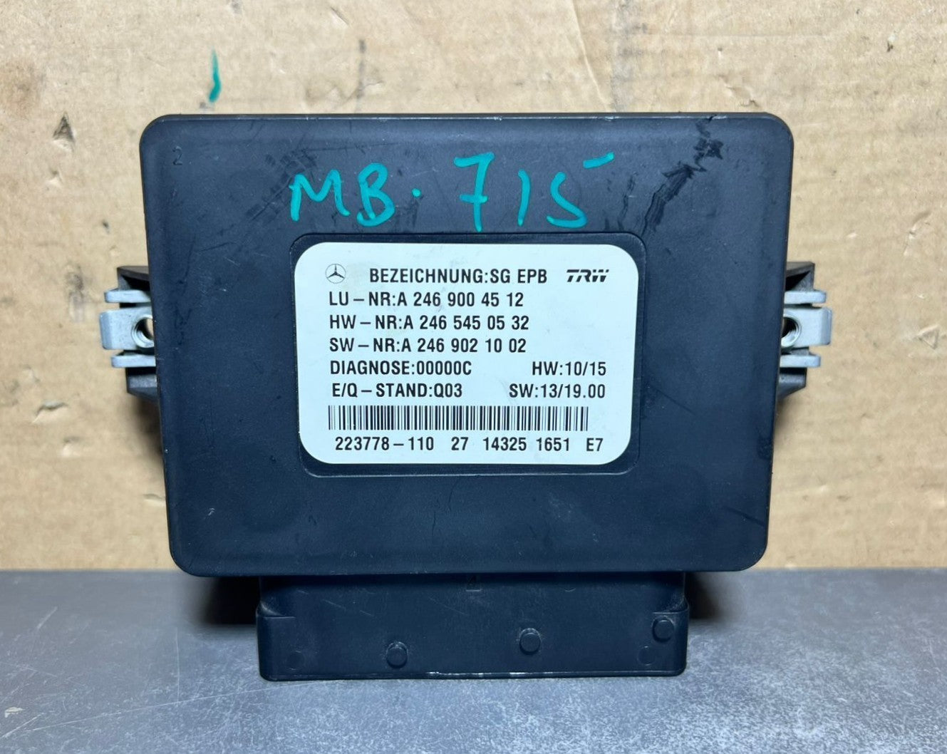 14-19 Mercedes-Benz CLA250 Parking Brake Control Module Unit A246 9004512 Oem