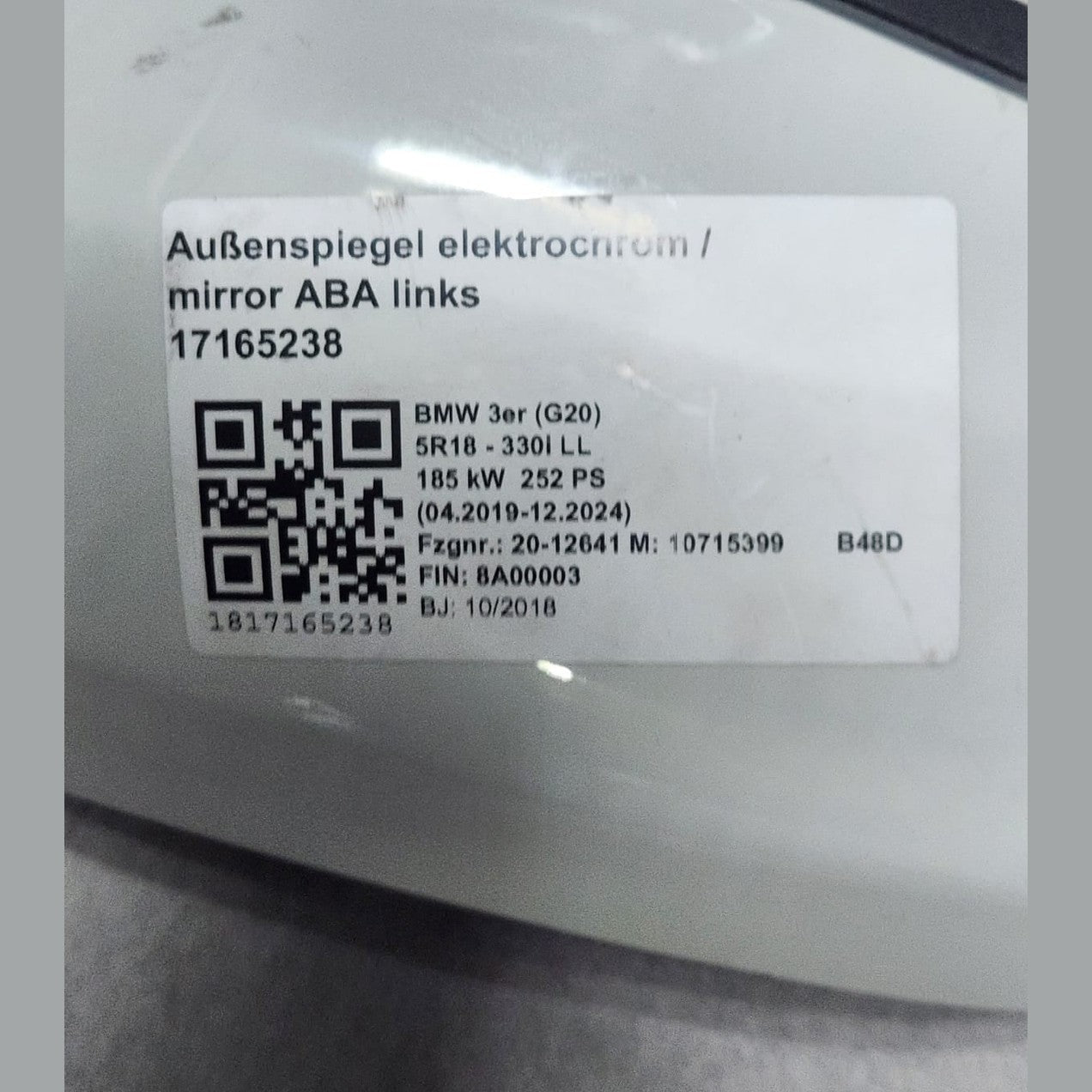 BMW Mirror Glass Left Heating Dimming 7956415 3 Series G20 G21 G28 330E 2020-23 