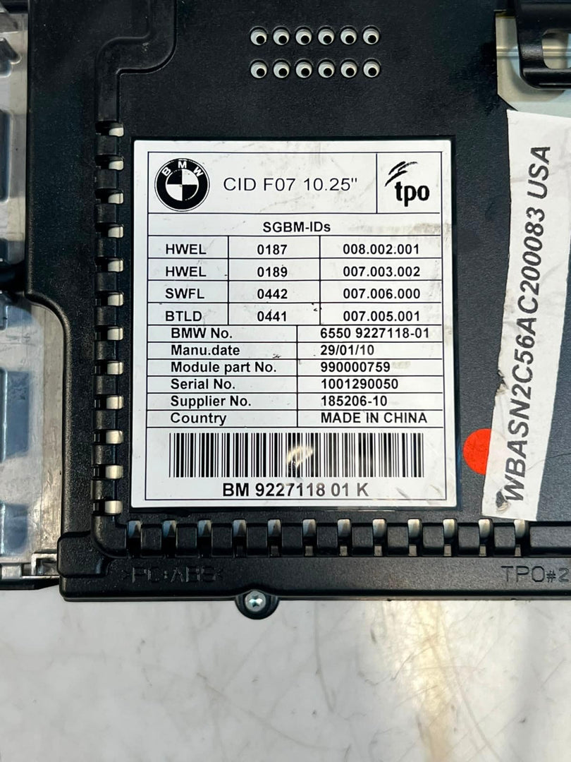 BMW 5 Series GT F07 Central Information Display CID 10.25" Screen 9227118 USA
