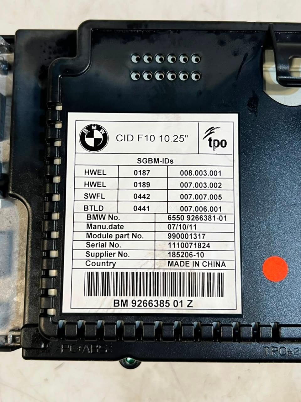 BMW 5 Series F10 F11 528i CID 10.25" Information Display Screen 926638501Z OEM