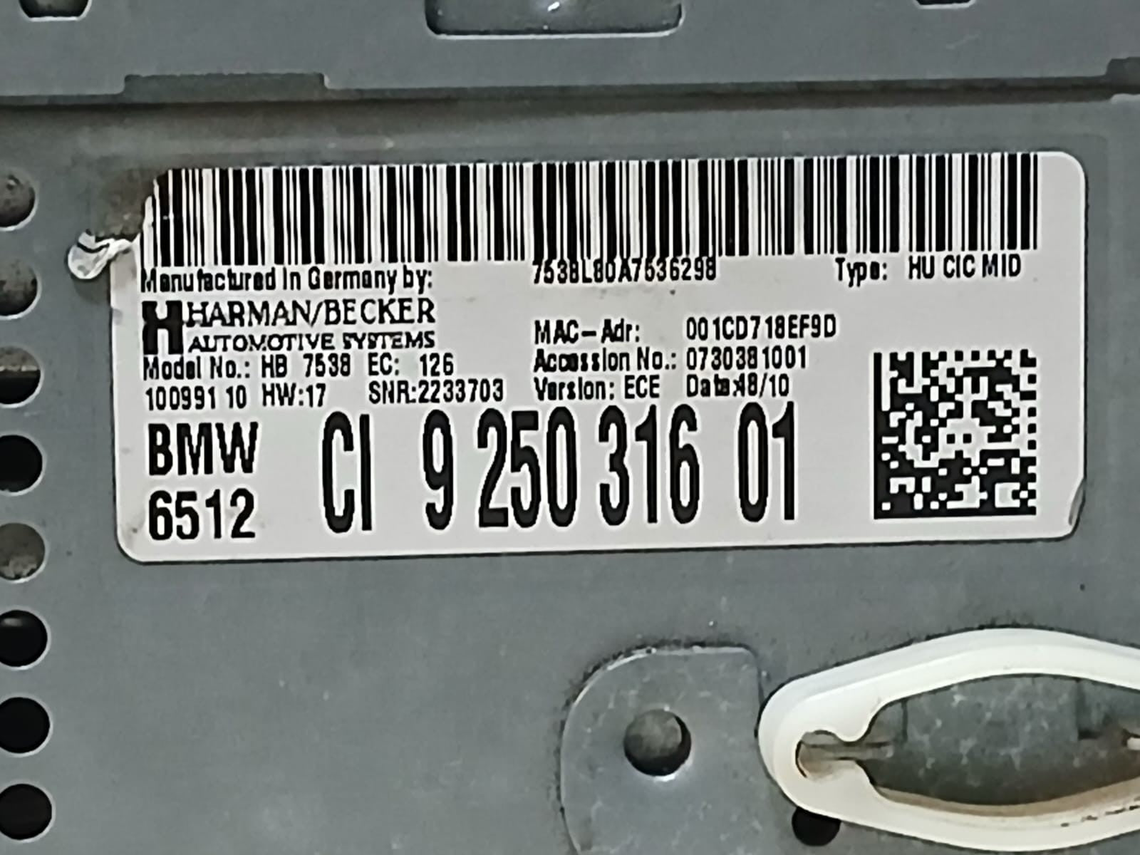 Bmw X3 F25 HARMAN BECKER Head Unit CD Radio 9250316