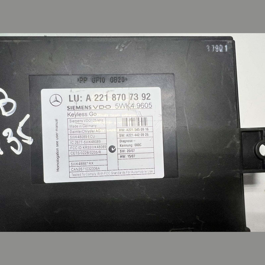 2010 Mercedes  S400 Keyless Go Control Module A2218707392 W221 W216 S600 CL550