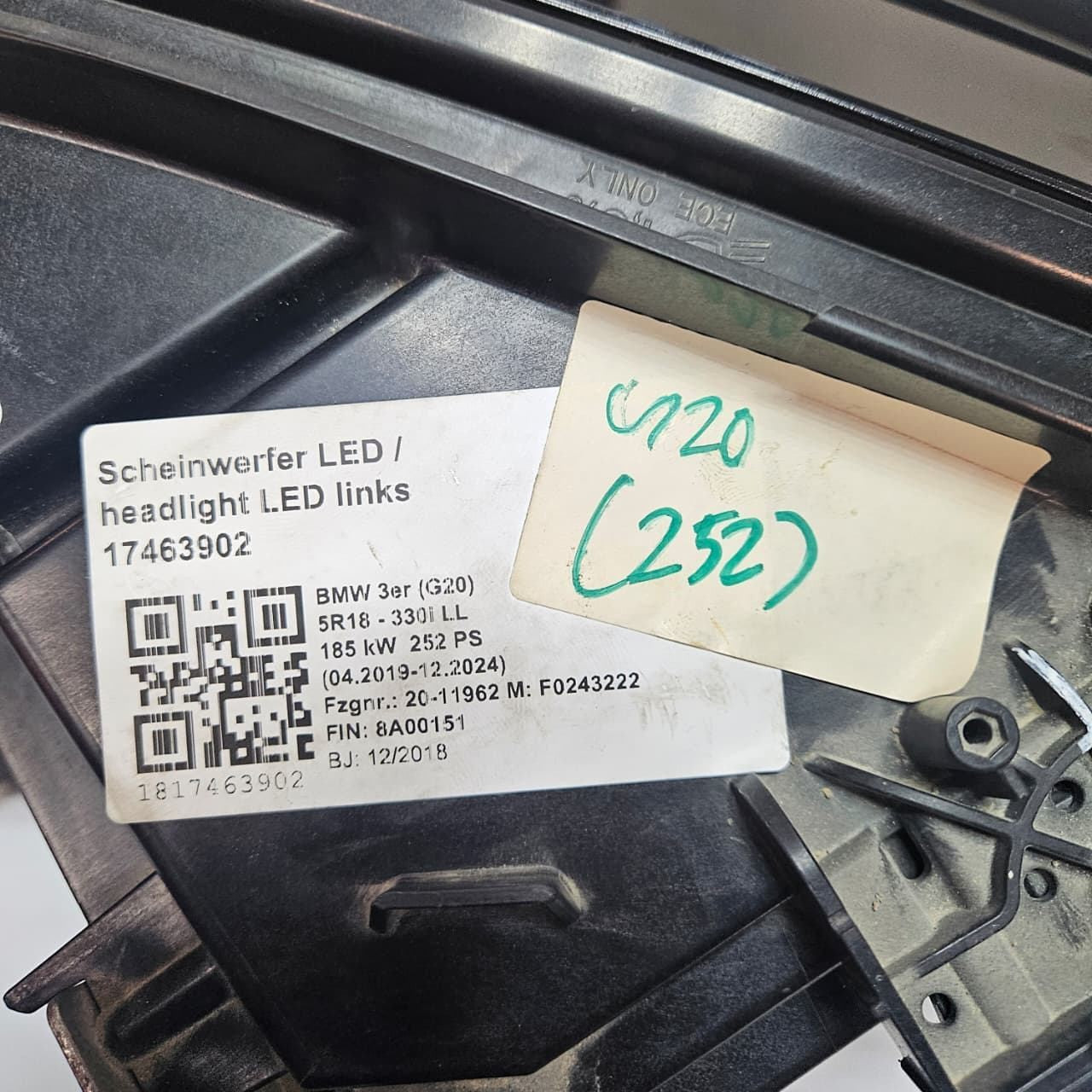 2019 BMW 3 Series G20 G21 330i Headlight 9481713 LHD USED ECE Front Left