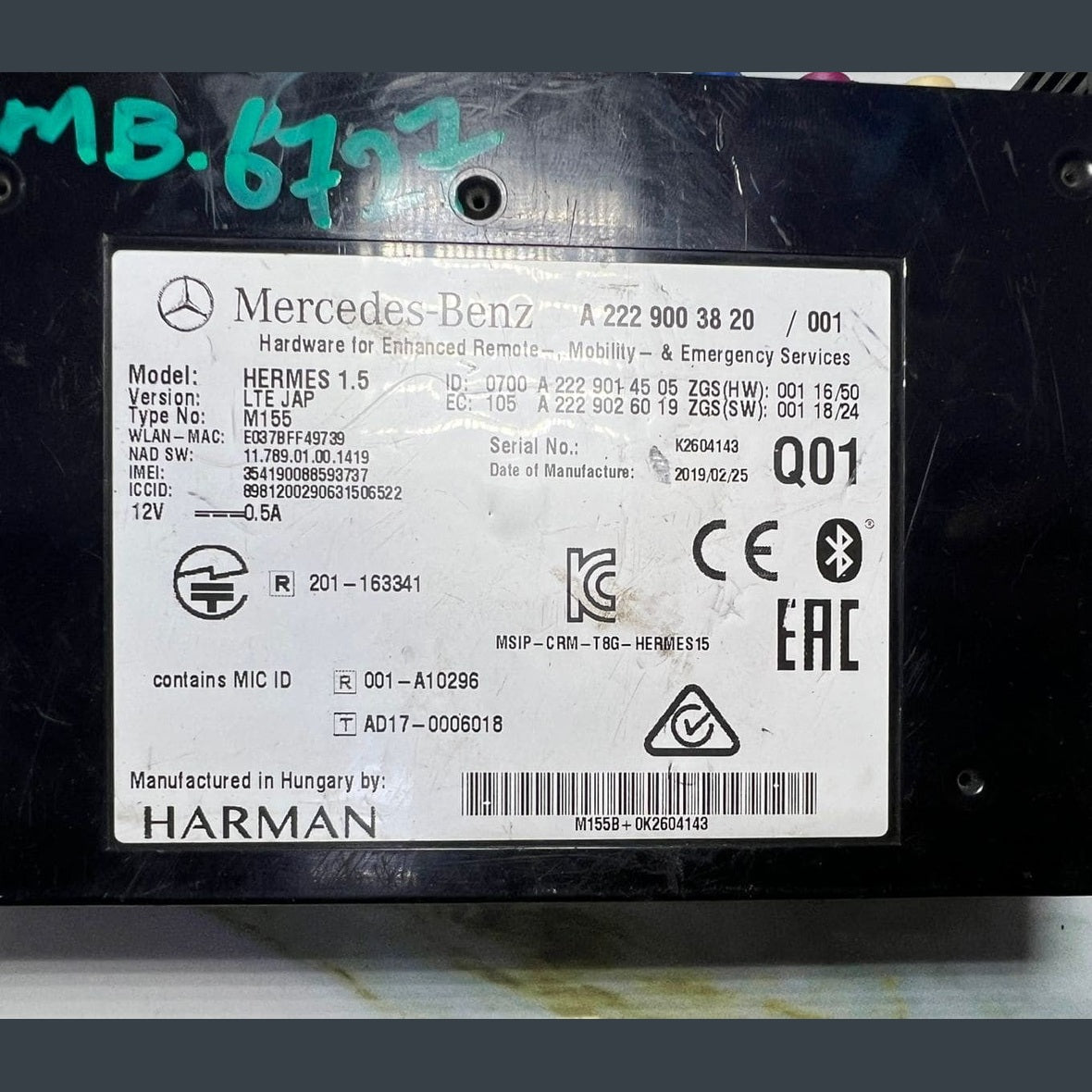 2019 Mercedes-Benz C180 Telematics Bluetooth Control Unit Module A2229003820