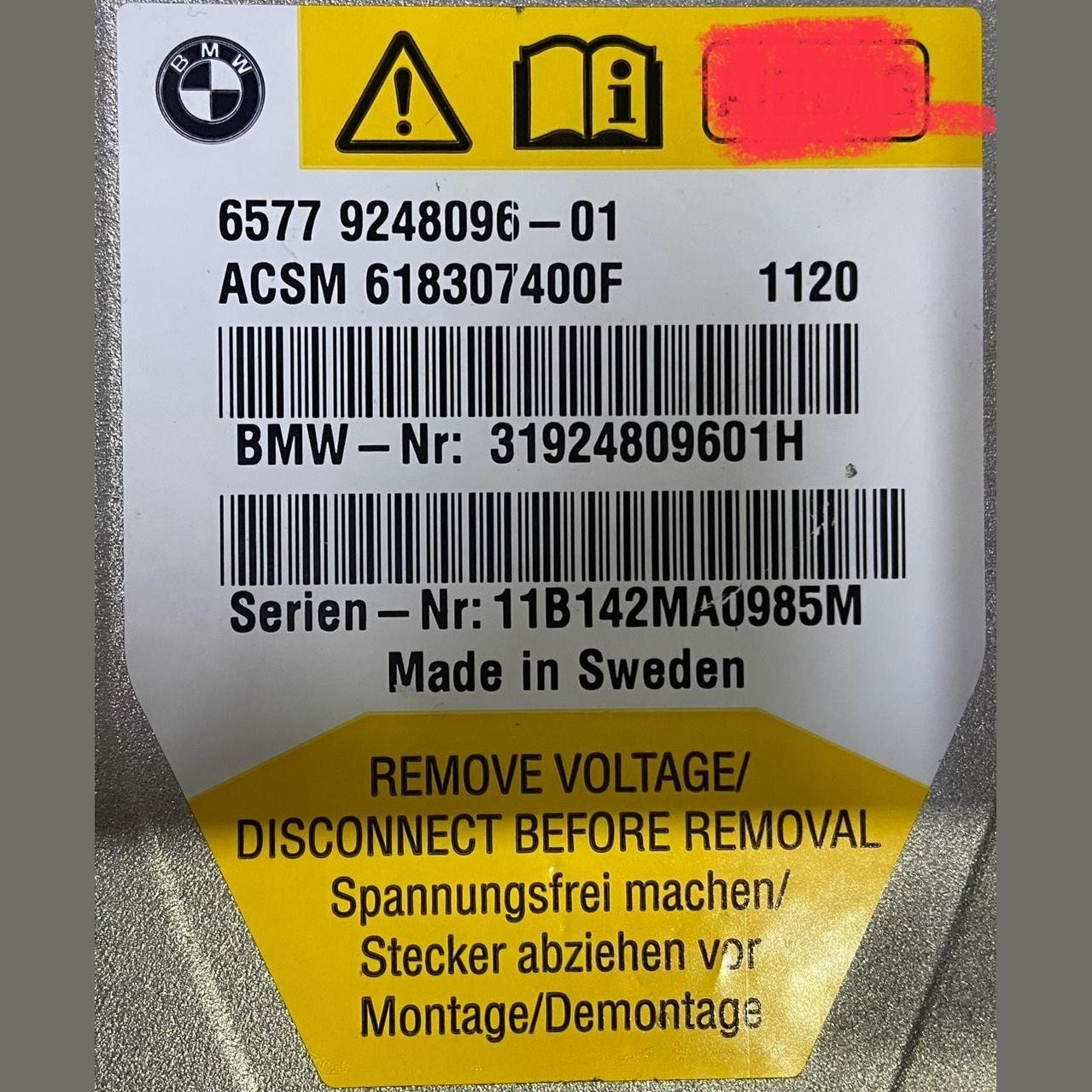 OEM BMW 2011 5 SERIES F10 F11 SRS CONTROL MODULE ECU 9248096