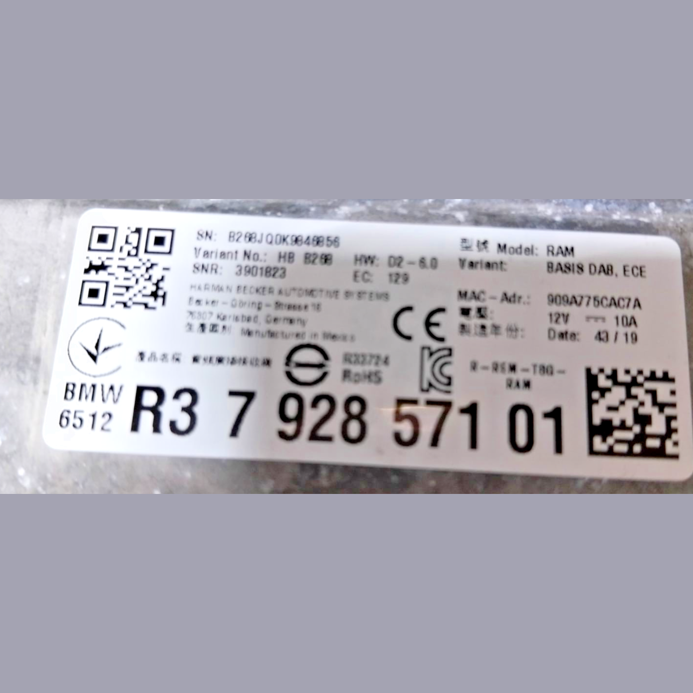 BMW X3 G01 2.0 RAM BASIS DAB,ECE SOUND RECIEVER AMPLIFMODULE 7928571 01