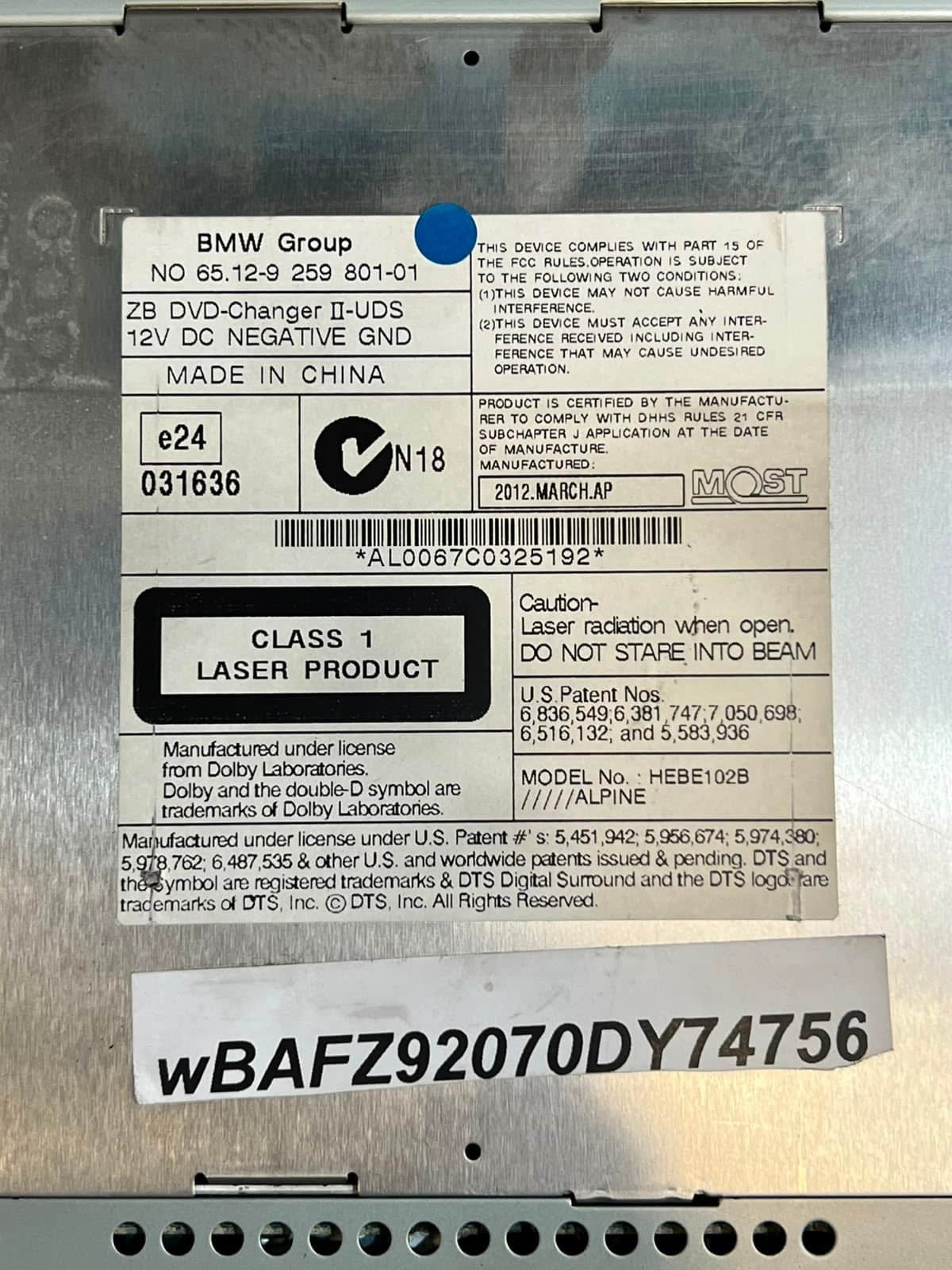 2012 BMW 1 3 5 6 7 Series, X3 F10 HYBRID5 N55 Dvd Changer 9259801 OEM RHD