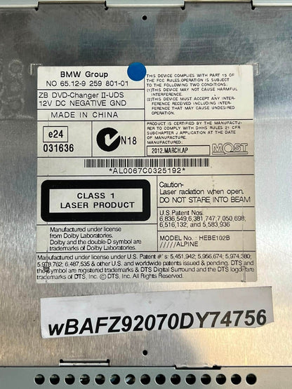 2012 BMW 1 3 5 6 7 Series, X3 F10 HYBRID5 N55 Dvd Changer 9259801 OEM RHD