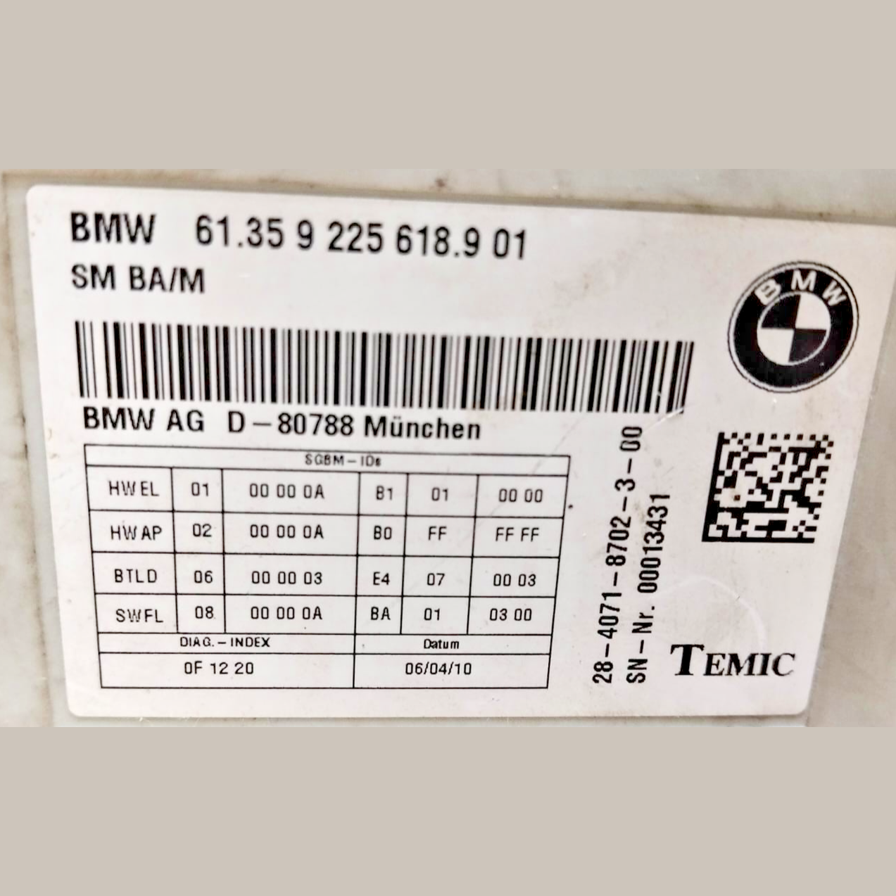 Seat Control Unit BMW F01 F10 Module ECU Electronic Module Memory 9225618
