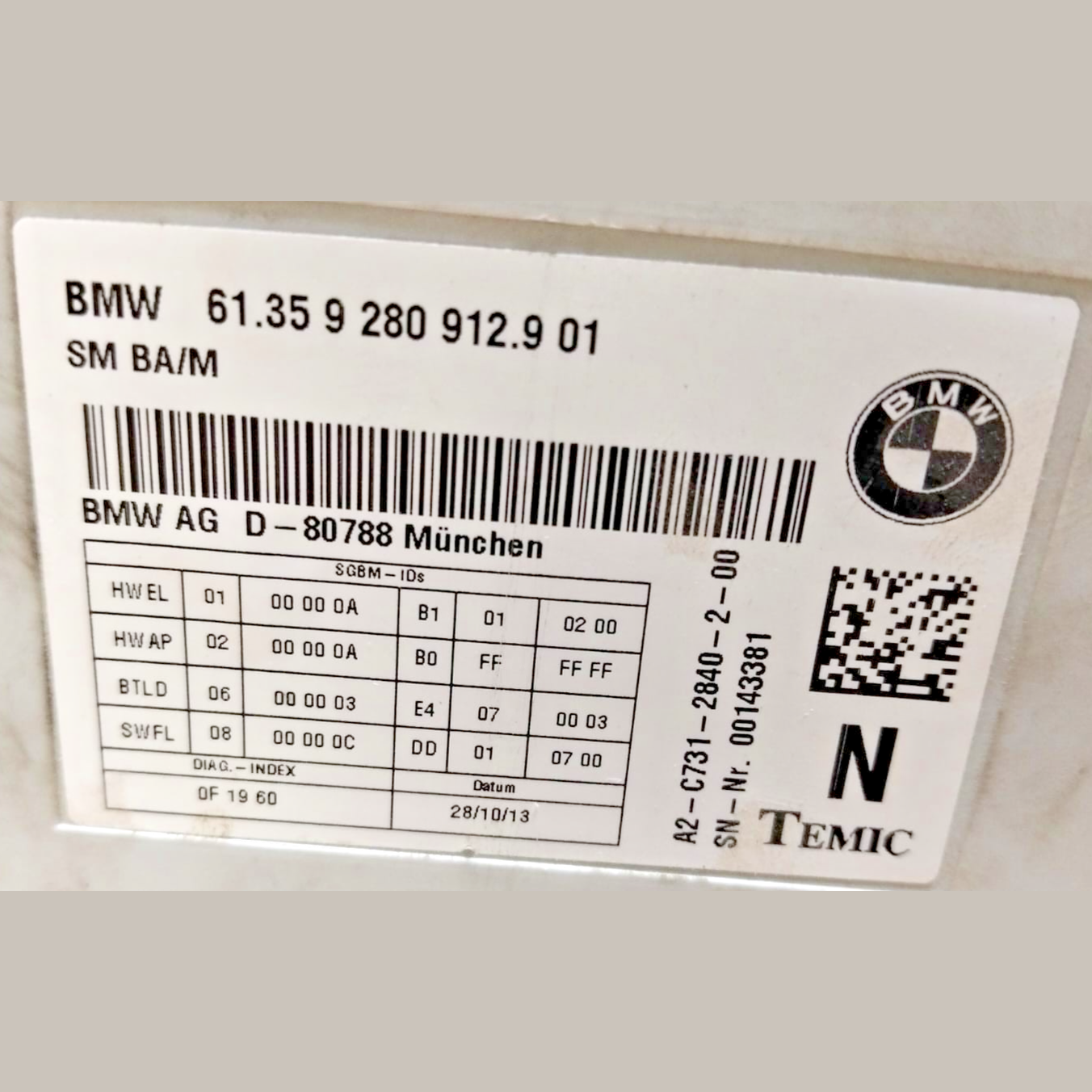 2013 BMW 335I F30 FRONT LEFT SEAT CONTROL MODULE, 613592809129, 61359280912, OEM