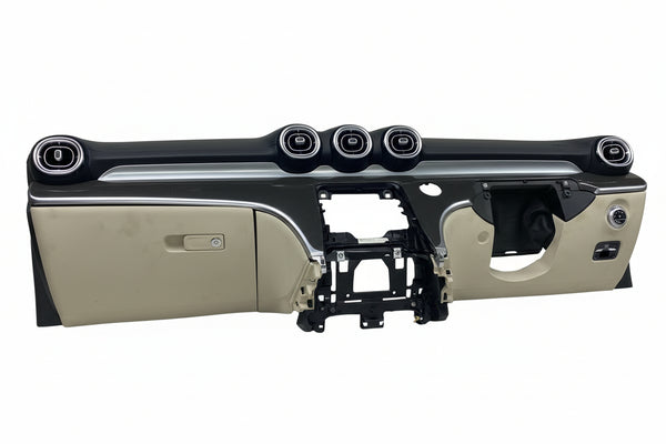 Car dashboard with various controls and displays on a textured surface